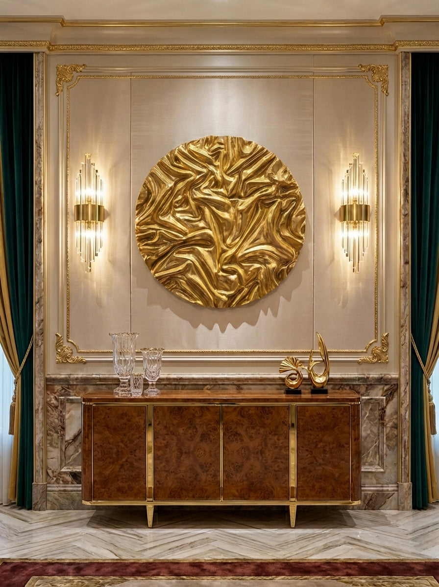 Emerald Touch – Premium Gold Wall Decor with Wood Carved Texture